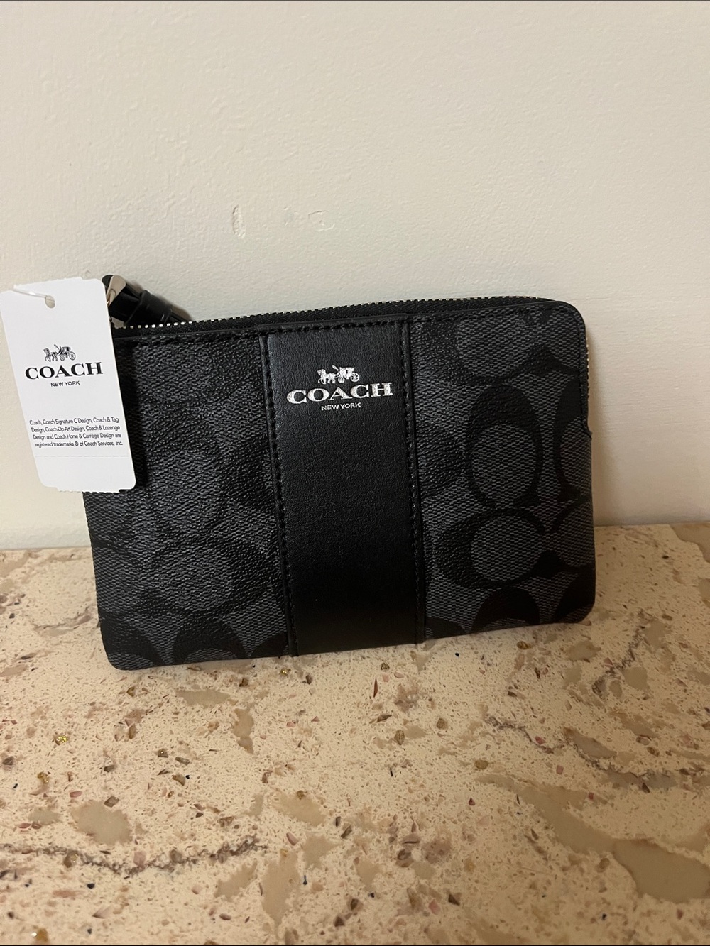 Coach Black Signature Zip Wallet with Center Leather Panel